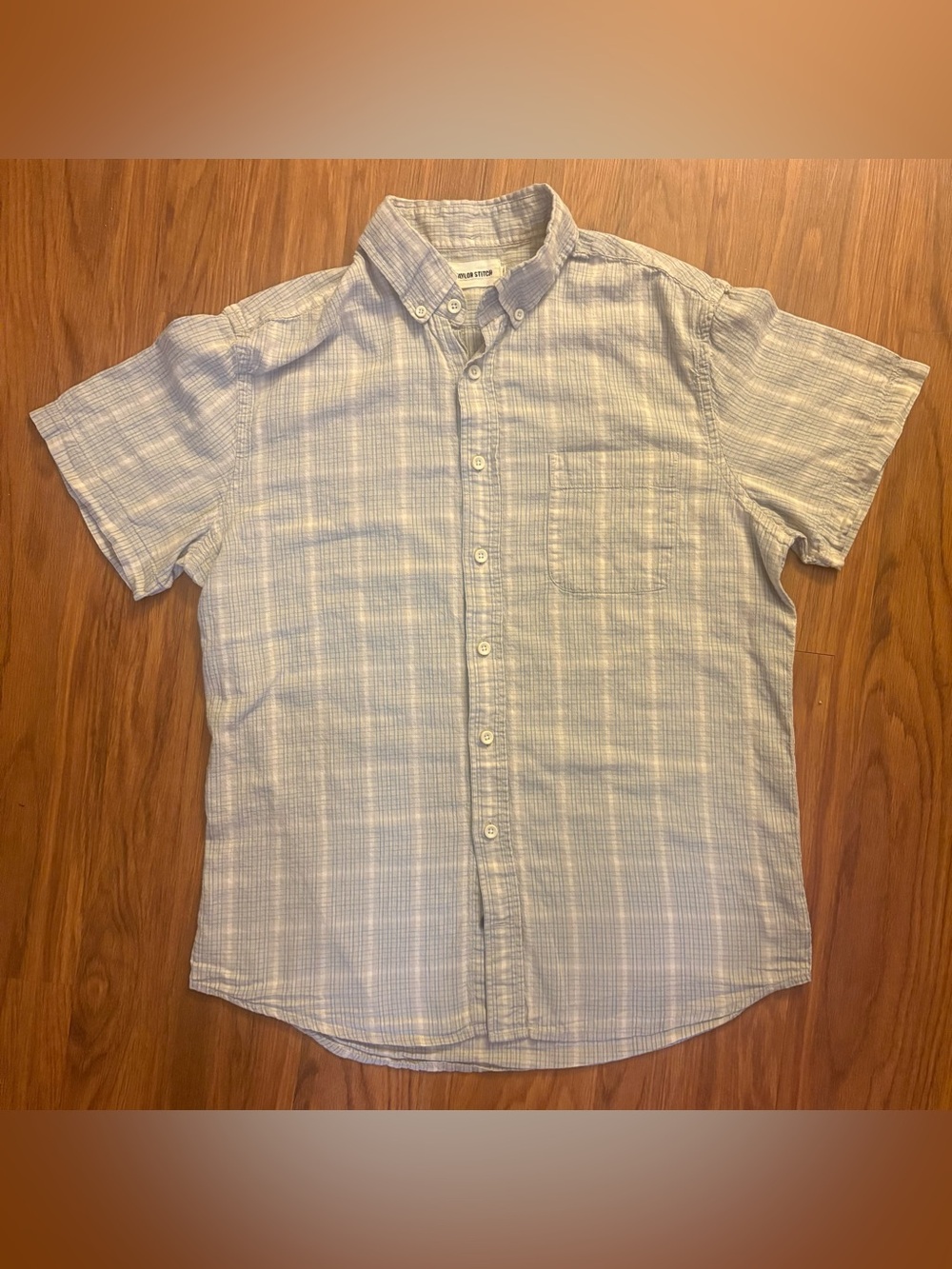 Taylor Stitch Shirt Mens 40 Gray Blue White Stripe Short Sleeve Pocket Button